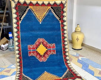 Blue Moroccan Rug for Living Room - 6.7x3.7 FT Handmade Wool Beni Ourain Carpet | Bohemian Blue Berber Area Rug