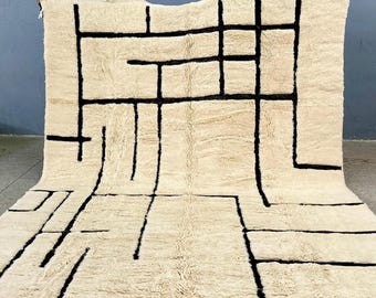 Ivory Beni Ourain RUG, Moroccan Shag Rug, Custom Area Wool Rug, Striped Rug, Berber Carpet, Unique black and white Dining Room Rug