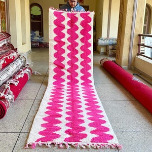Handmade Beni Ourain Pink & White Striped Moroccan Runner - Custom Wool Area Rug for Scandinavian