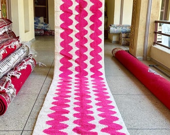 Moroccan Runner – Beni Ourain Pink and White Striped Carpet – Custom Handmade Wool Hallway Rug - Area Rug For Scandinavian Home Decor.