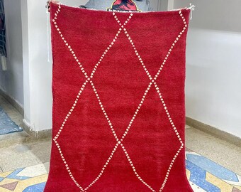 Artistic Moroccan Beni Ourain Rug – 6.1x3.6 ft Handwoven Geometric Area Rug, Red and White Berber Wool, Perfect for Living Room Décor