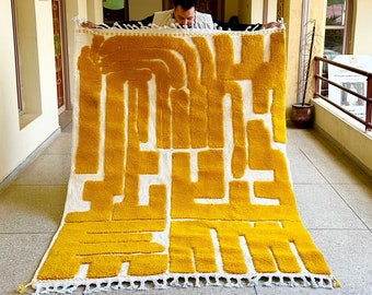 MOROCCAN WOOL CARPET, Custom Beni Ourain Rug, Yellow Abstract Design, Contemporary Berber Area Rug, Handcrafted Comfort with Style