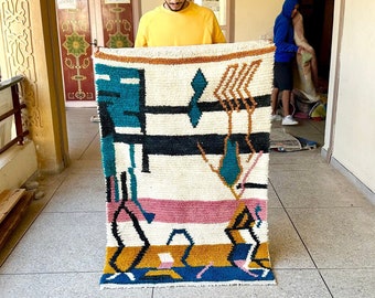 Multicolored Moroccan Rug – Authentic Beni Ourain Rug – Custom Handmade Boujaad Rug – Abstract Bohemian Area Rug for Living Room & Bedroom