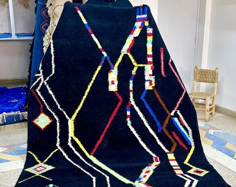 Moroccan Rug - Black and Red Abstract Beni Ourain Wool Carpet - Custom Handmade Berber Rug for Living Room or Bedroom