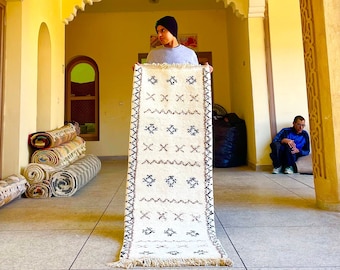 Soft Wool Runner, White and Black Handmade Moroccan Rug, Geometric Berber Hallway Carpet, Boho Entryway Handwoven Rug