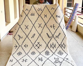 Moroccan Rug - White and Black Geometric Beni Ourain Wool Carpet - Custom Handmade Area Rug for Living Room or Bedroom