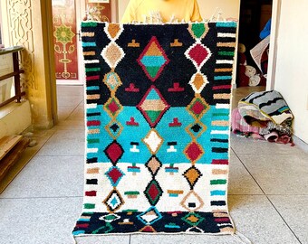 Wunderschöner Beni Ourain Teppich, blauer Wollteppich, marokkanischer Aera-Teppich für Ihr Wohnzimmer, mehrfarbige Wollteppiche, kunstvoll handgewebte Teppiche.