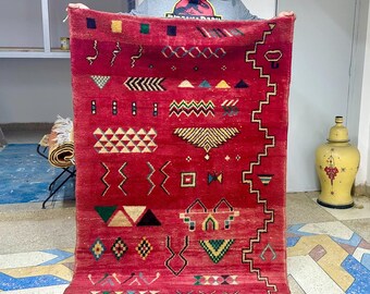 Authentic Moroccan Beni Ourain Rug - Handwoven Wool, 3.7x5.6FT Red Boho Area Rug for Modern Home Décor