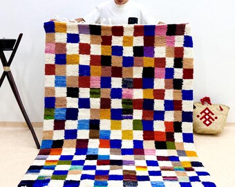 Colored Rug, Moroccan Checkered Rug 6.6x5FT, Beautiful Handwoven Wool Rug, Handmade Beni Ourain Rug, Large Berber Area Rug, Bohemian Rug.
