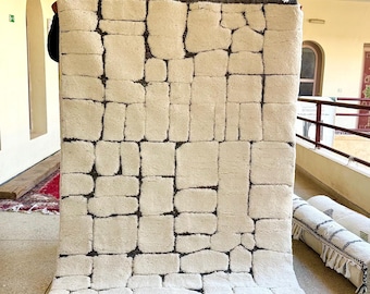 Hand Tufted Rug – White & Black Checkered Moroccan Beni Ourain Rug – Custom Handmade Wool Berber Carpet for Scandinavian Home Décor