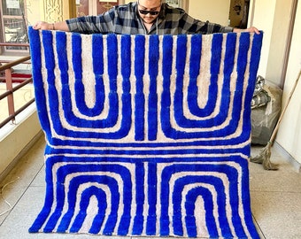 MOROCCAN CARPET, Blue Beni Ourain Rug, Striped Berber Wool Rug, Living Room Area Rug, Scandinavian Beni Rug, Custom Elegance,Sheep Wool Rug