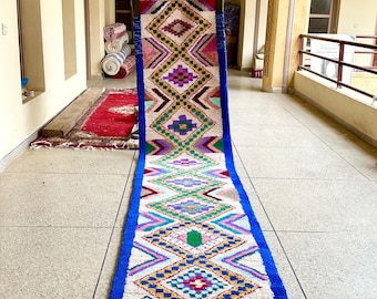 Moroccan Runner – Blue and Multicolor Geometric Beni Ourain Carpet – Custom Handmade Wool Hallway Rug for Bohemian & Eclectic Home