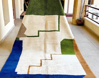 PRETTY MOROCCAN RUG, Handmade Beni Ourain Rug, Boho White & Green Rug, Custom Abstract Rug, Berber Handwoven Wool Rug, Cozy Chic Area Rug.