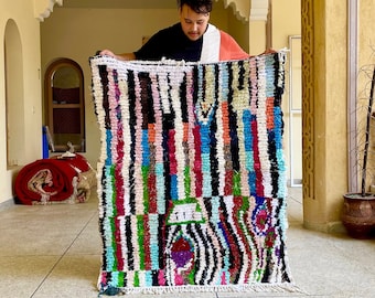 ARTISTIC MOROCCAN RUG, Berber Rug 4.5x3.7FT, Berber Handmade, Colorful Rug, Black Rug, Bouchrouite Rug, Striped Wool Rug, Handwoven Wool Rug