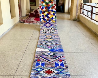 VIBRANT RUNNER RUG 2x16, Moroccan Boujaad Floor Decor, Pink Rose Wool Handmade Rug, Diamond Vintage Berber Design, Hand Knotted Boho Rug