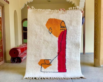 Minimalist Moroccan rug - Handmade wool berber area rug - Geometric white & Pink minimalist Design - Boho chic home decor - Custom size rug