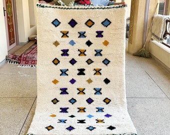 Moroccan Rug - White and Black Abstract Beni Ourain Wool Carpet - Custom Handmade Area Rug for Bohemian Home Decor