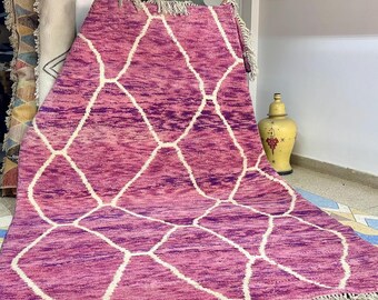 Geometric Purple and White Moroccan Rug 6.6x9.8FT, Handmade Beni Ourain Wool Area Rug, Soft and Bohemian Décor for Living Room, Bedroom