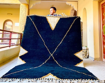 DURABLE MOROCCAN RUG, Handmade Berber Wool Carpet, Hand-Tufted Beni Ourain Rug, Black and Yellow Geometric Rug, Custom Size Area Rug.