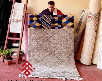 Moroccan Rug - Black and White Geometric Beni Ourain Rug - Multicolor Handmade Wool Carpet for Bohemian Home Decor