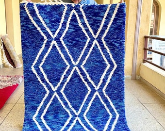 Moroccan Rug - Blue and White Geometric Beni Ourain Wool Carpet - Custom Handwoven Area Rug for Contemporary Living Room or Bedroom