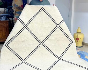 Moroccan Rug - White and Black Geometric Beni Ourain Wool Carpet - Custom Handmade Area Rug for Living Room or Bedroom