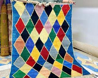 Colorful Handwoven Moroccan Rug, 6.5x4.5FT Beni Ourain Wool Carpet, Modern Multicolor Checkered Design, Authentic Berber Home Décor Accent