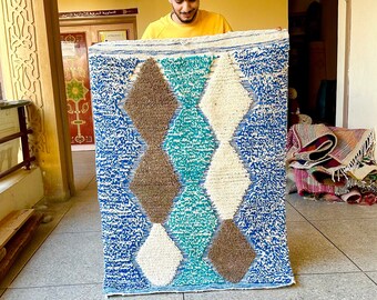 Moroccan Blue and White Rug – Beni Ourain Geometric Wool Carpet – Handwoven Dotted Boho Area Rug for Living Room or Home Decor