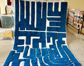 HandTufted Beni Ourain Rug - Stylish Blue Moroccan Floor Carpet, Striped Hand-Knotted Area Rug, High Quality Wool Rug, Custom Design Rug