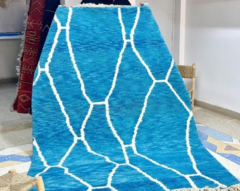 Moroccan Rug - Blue and White Geometric Beni Ourain Wool Carpet - Living Room Handmade Area Rug for Scandinavian Home Style