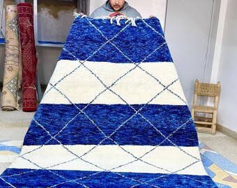 New Blue and White Beni ourain rug - 7.2x5.8FT Moroccan rug - Wool rug - Geometric Morocco rug - Genuine Lamb Wool - Handmade rug