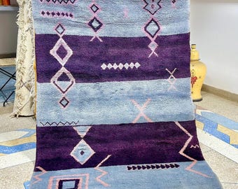 Moroccan Rug - Purple and Blue Abstract Beni Ourain Wool Carpet - Custom Handwoven Area Rug for Bohemian Living Room or Bedroom