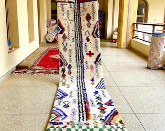 Moroccan Runner – White and Multicolor Abstract Beni Ourain Hallway Rug – Custom Handwoven Wool Carpet for Bohemian & Eclectic Entryway
