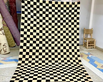 Beni Ourain Rug, 8.3x5FT Moroccan Handmade Carpet, Black And White Rug, checkerboard Rug, checkered Wool Rug, Checker Rug, Moroccan Carpet