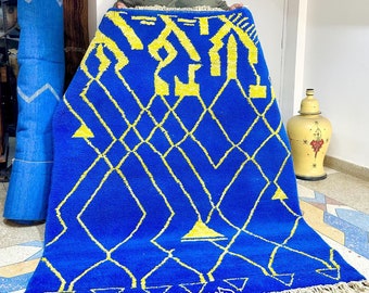Handmade Moroccan Rug - 6.4x5 FT Blue & Yellow Striped Wool Berber Area Rug - Cozy Chic Organic Wool Carpet