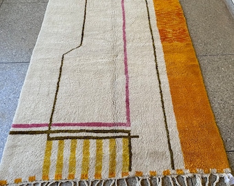 Custom Beni ourain Rug | White Yellow Abstract Wool Moroccan Carpet, Custom Handmade Area Rug