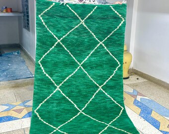 Artistic Moroccan Beni Ourain Rug – 6.1x3.6 ft Handwoven Geometric Area Rug, Green and White Berber Wool, Perfect for Living Room Décor