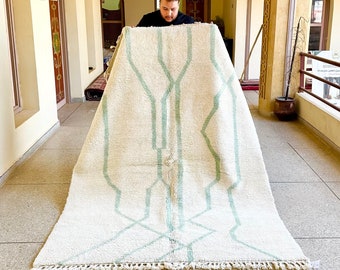 Chic Moroccan Rug - White and Green Striped Beni Ourain Rug, Custom Abstract Area Sheep Wool Rug, Minimalist Modern Bohemian Living Room Rug
