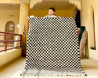 WOOL CARPET, Beni Ourain Moroccan Rug, Custom Checkered Design, black and white rug, Handmade Berber Area Rug, Modern Area Rug