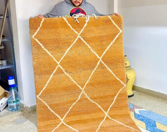 Beni Ourain Rug, Moroccan Berber Handmade Brown and White Wool Carpet, Custom Geometric Traditional Rug, Luxury Living Room Area Rug