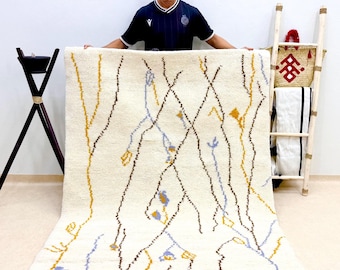 Moroccan WOOL RUG, White Beni Ourain Rug, Striped Custom Shag Area Rug, Handmade Scandinavian Style Rug, Authentic Berber Design