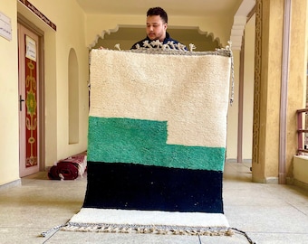 Moroccan Rug – Green and Black Abstract Beni Ourain Rug – Handmade Sheep Wool Berber Carpet for Bohemian & Scandinavian Home Decor