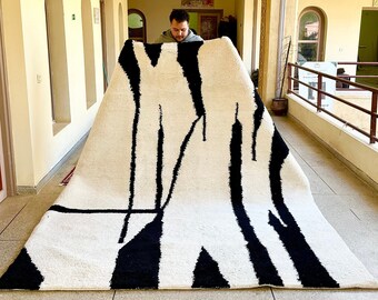 BENI OURAIN CARPET, Moroccan Beni Ourain Abstract Rug, Black and White Custom Rug, Berber Beni Rug, Wool Area Rug, Dining Room Rug