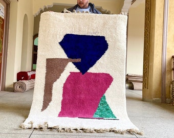 Moroccan Rug – White and Blue Abstract Beni Ourain Rug – Soft Wool Handmade Carpet for Bohemian & Eclectic Home Design