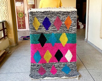 Moroccan Multicolor Rug- Geometric Abstract Beni Ourain Carpet– Handmade Vibrant Wool Berber Rug for Boho Living Room, Bedroom or Kids’ Room