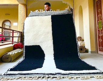 Cozy Beni Ourain Rug, Custom Moroccan Wool Rug, Black and White Berber Area Rug, Handmade Abstract Carpet, Shag Rug for Contemporary Home