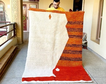 Abstract Moroccan Rug – White and Orange Beni Ourain Rug, Custom Area Shaggy Genuine Wool Rug for Minimalist, Modern, Bohemian Living Room