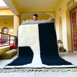 Cozy Beni Ourain Rug, Custom Moroccan Wool Rug, Black and White Berber Area Rug, Handmade Abstract Carpet, Shag Rug for Contemporary Home