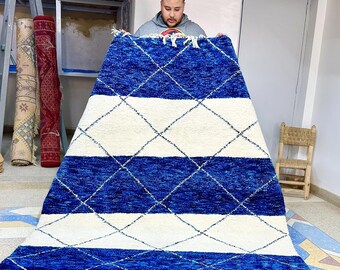 Moroccan Rug - White and Blue Geometric Beni Ourain Wool Carpet - Handmade Striped Area Rug for Bohemian Living Room or Bedroom