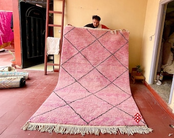 Custom Moroccan Wool Rug – Beni ourain Pink and Black Geometric Design, Handwoven Berber Carpet, Diamond Shag Rug